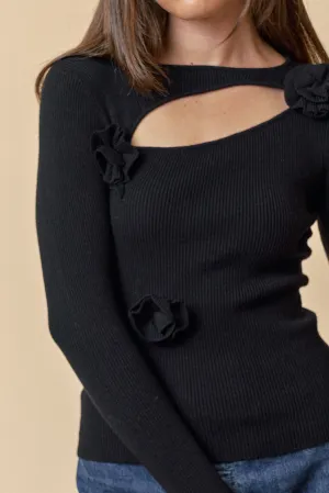 Ribbed Cut Out Rosette Sweater Top, Black