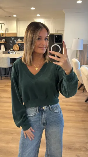 Ribbed Knit V-Neckline Top, Teal