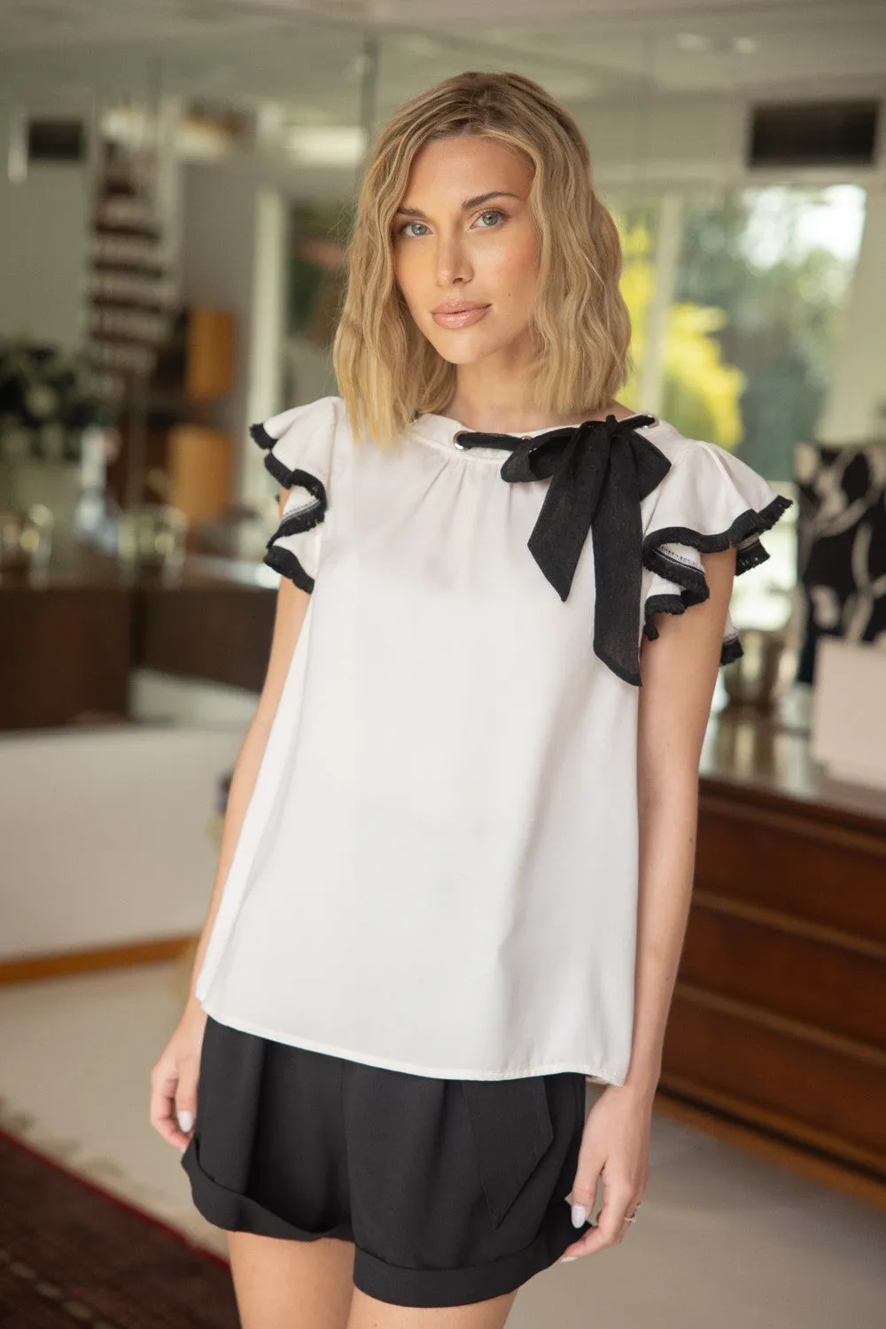 Ribbon Detail Ruffle Sleeve Top