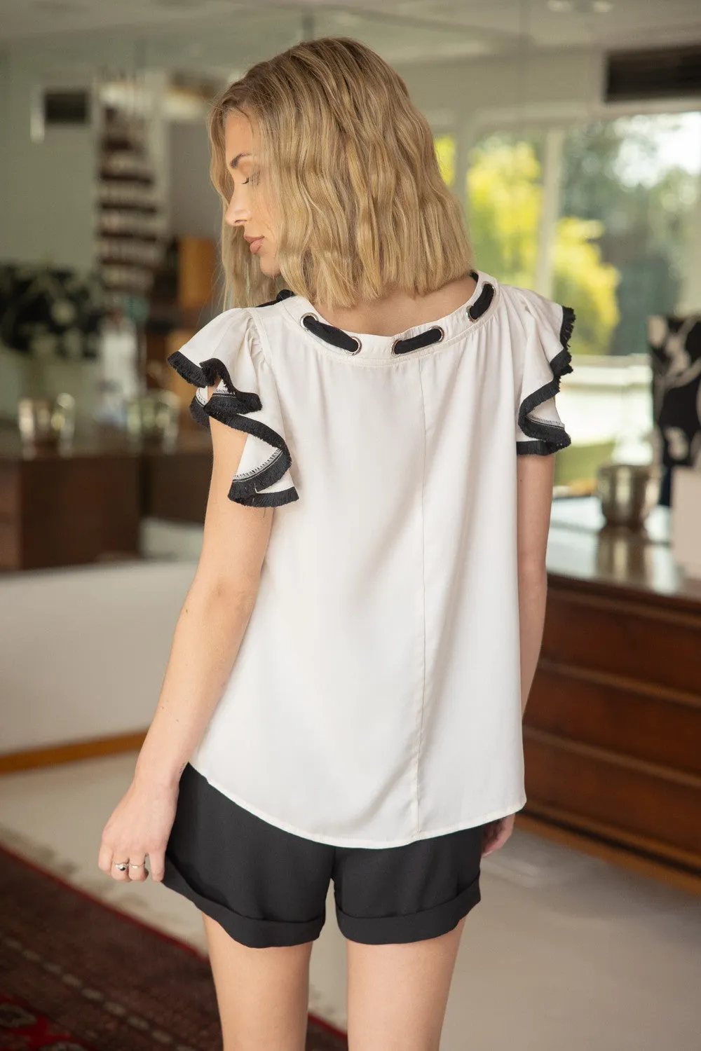 Ribbon Detail Ruffle Sleeve Top