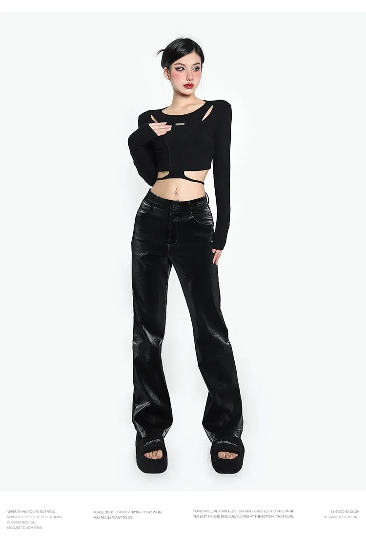 Riri Solid Color Black Double Layered Long Sleeve Top