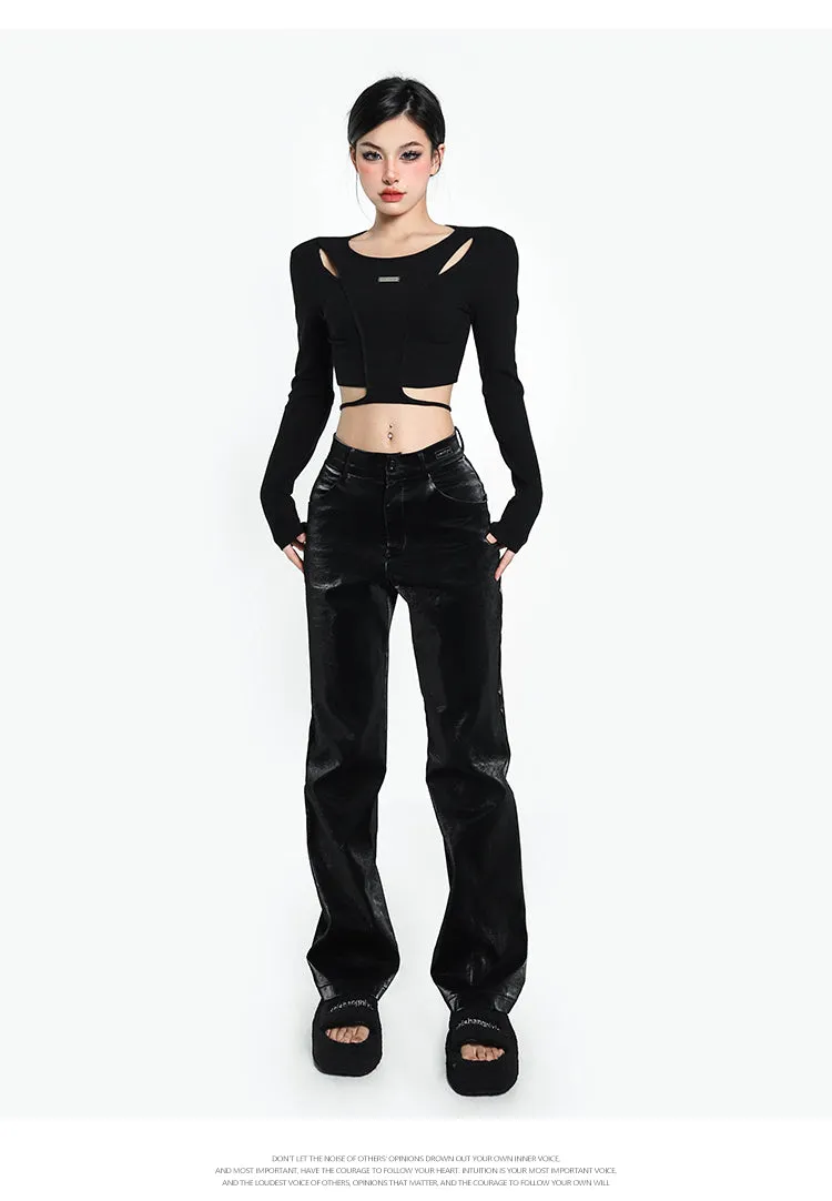 Riri Solid Color Black Double Layered Long Sleeve Top