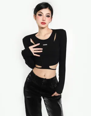 Riri Solid Color Black Double Layered Long Sleeve Top