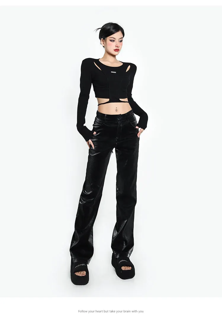 Riri Solid Color Black Double Layered Long Sleeve Top