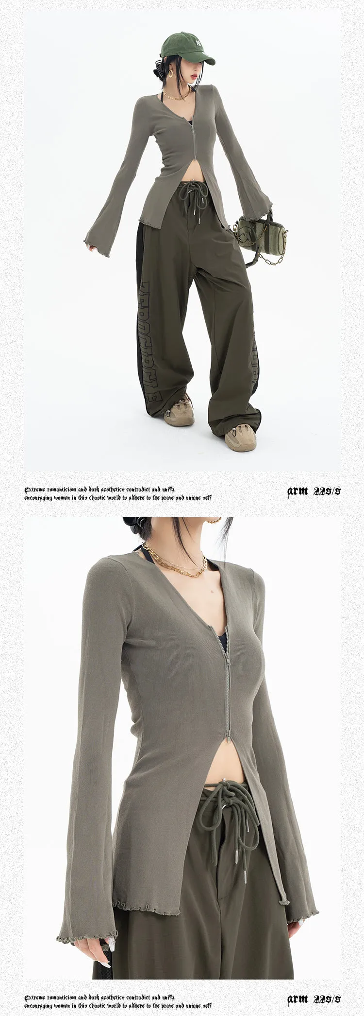 Roselyn Solid Color Zip Up Long Flare Sleeve Top