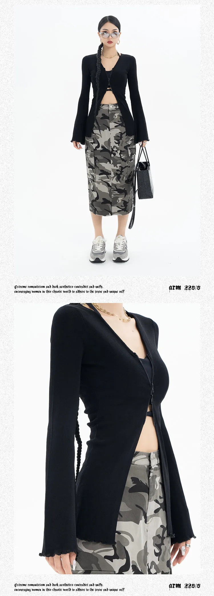 Roselyn Solid Color Zip Up Long Flare Sleeve Top
