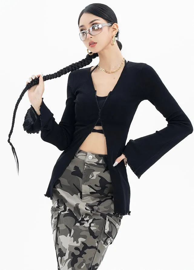 Roselyn Solid Color Zip Up Long Flare Sleeve Top