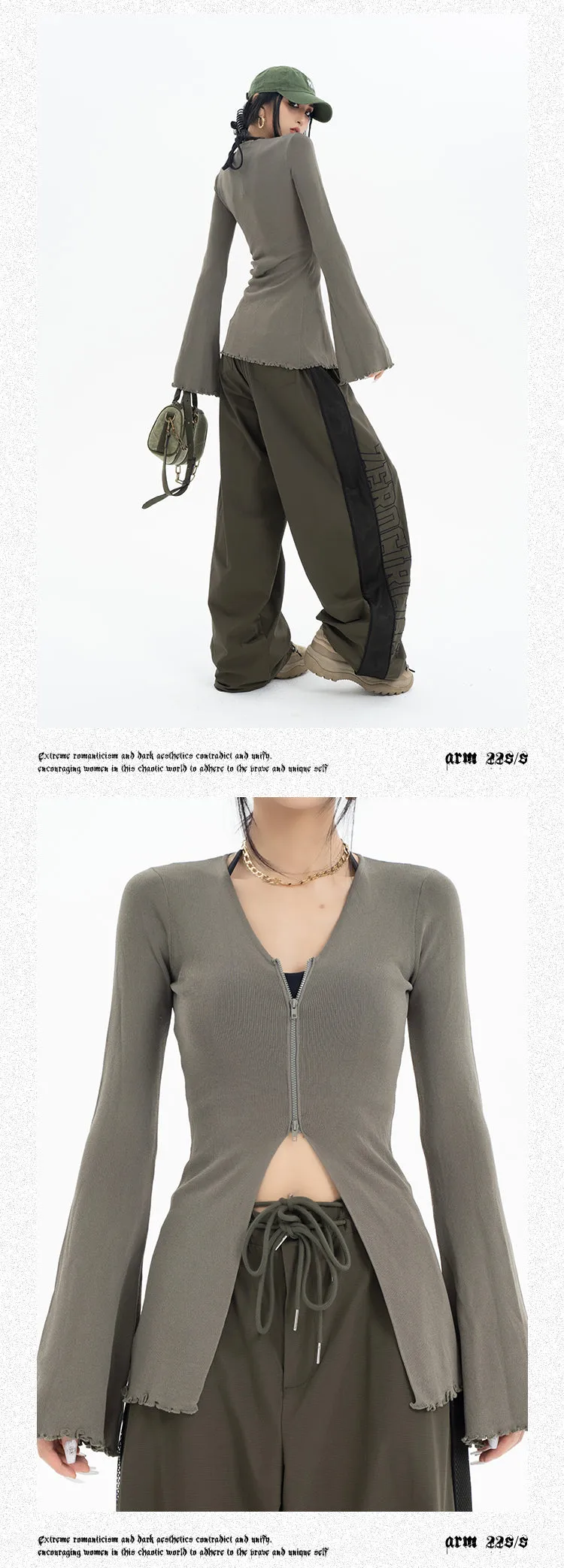 Roselyn Solid Color Zip Up Long Flare Sleeve Top