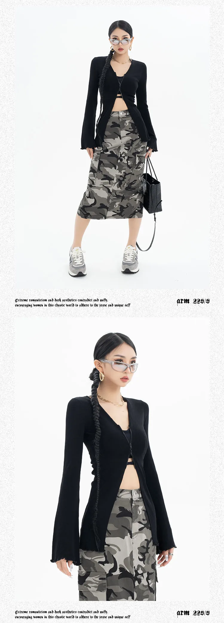 Roselyn Solid Color Zip Up Long Flare Sleeve Top