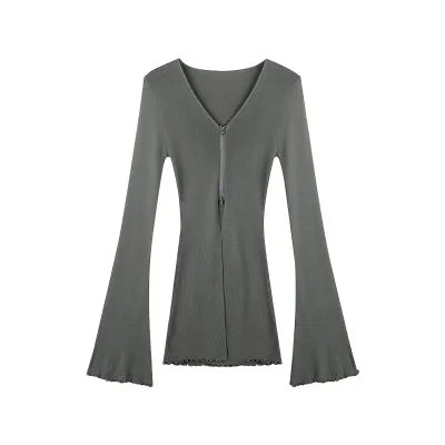 Roselyn Solid Color Zip Up Long Flare Sleeve Top