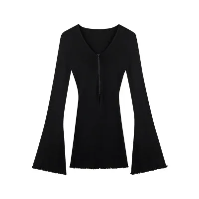 Roselyn Solid Color Zip Up Long Flare Sleeve Top
