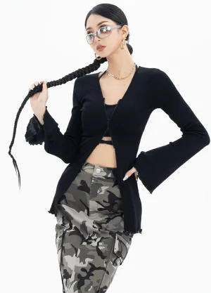 Roselyn Solid Color Zip Up Long Flare Sleeve Top