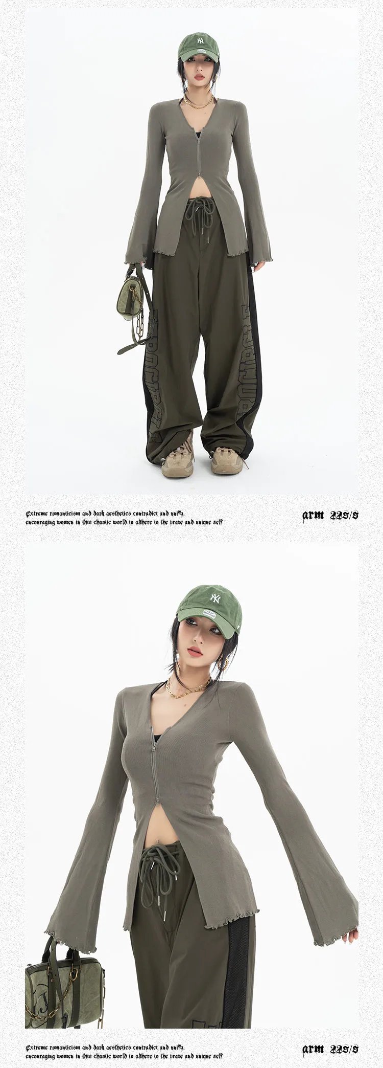 Roselyn Solid Color Zip Up Long Flare Sleeve Top