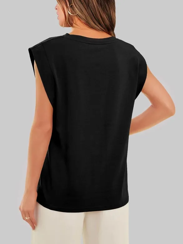 Round Neck Cap Sleeve Cami Base Tank Top Loose Basic Vest Black