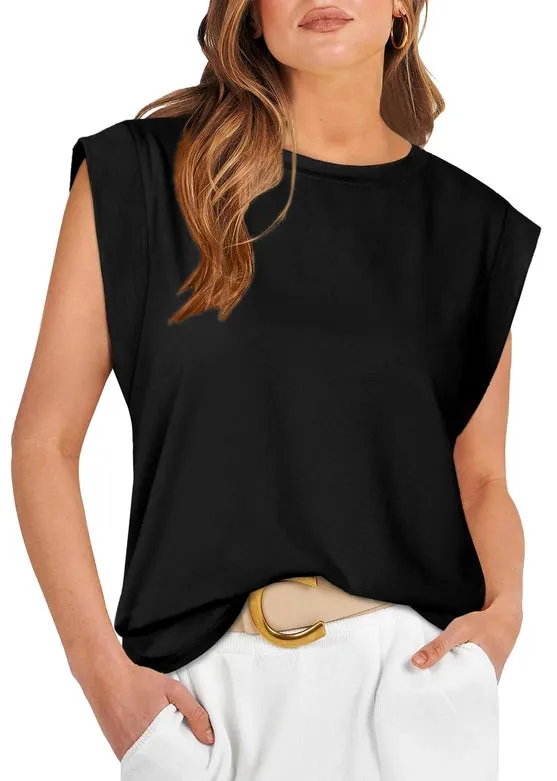 Round Neck Cap Sleeve Cami Base Tank Top Loose Basic Vest Black