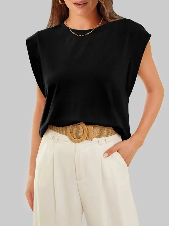 Round Neck Cap Sleeve Cami Base Tank Top Loose Basic Vest Black
