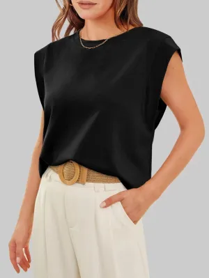 Round Neck Cap Sleeve Cami Base Tank Top Loose Basic Vest Black