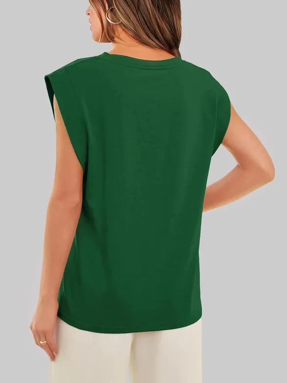 Round Neck Cap Sleeve Cami Base Tank Top Loose Basic Vest Green