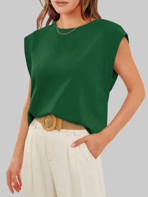 Round Neck Cap Sleeve Cami Base Tank Top Loose Basic Vest Green
