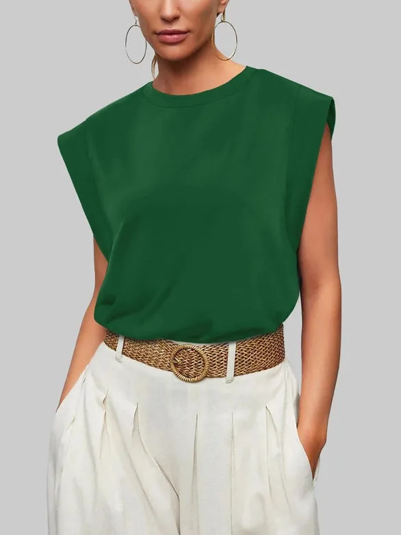 Round Neck Cap Sleeve Cami Base Tank Top Loose Basic Vest Green