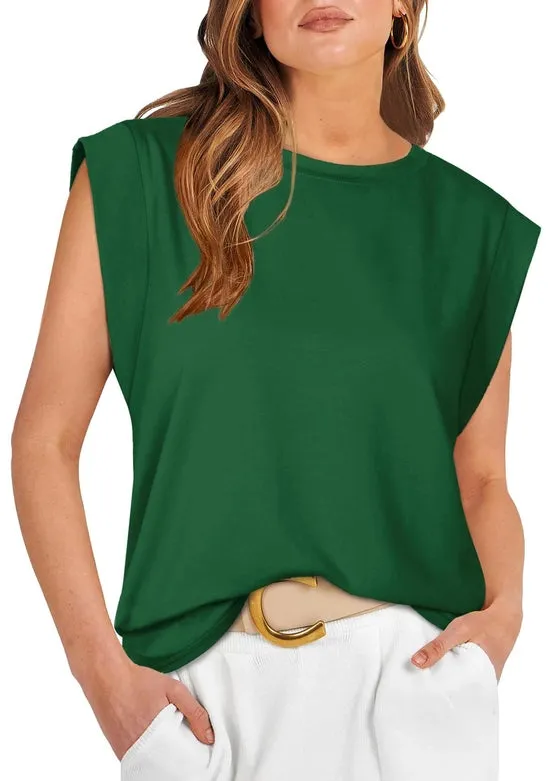 Round Neck Cap Sleeve Cami Base Tank Top Loose Basic Vest Green