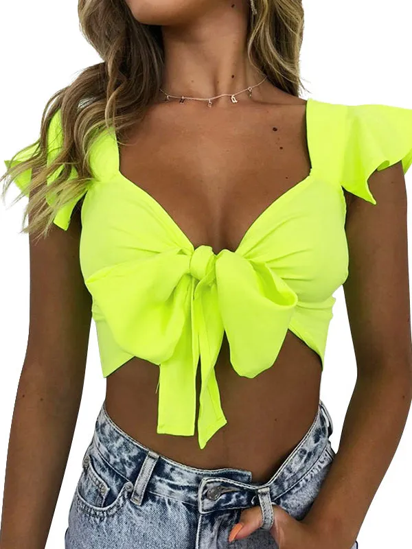 Ruffle Sleeve V-neck With Tie T-shirt
