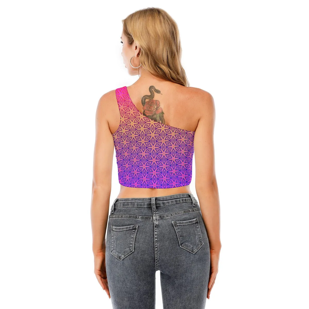 Sacral Bloom One-Shoulder Cropped Top