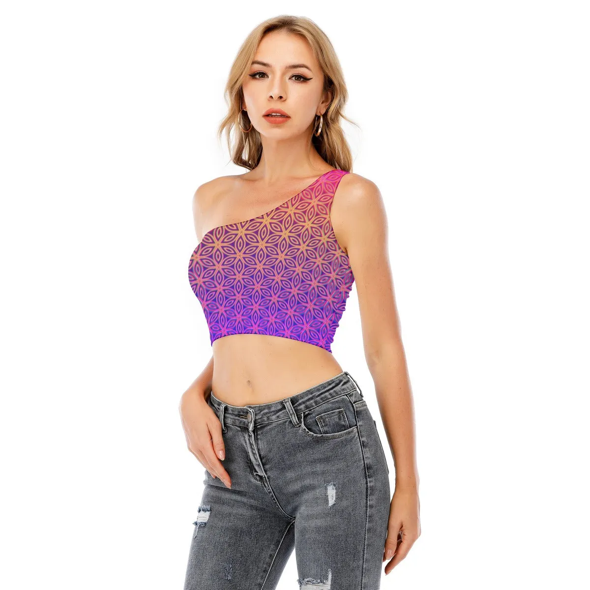Sacral Bloom One-Shoulder Cropped Top