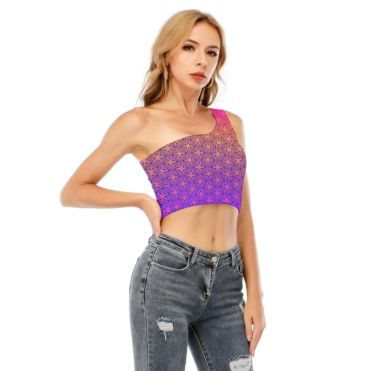 Sacral Bloom One-Shoulder Cropped Top