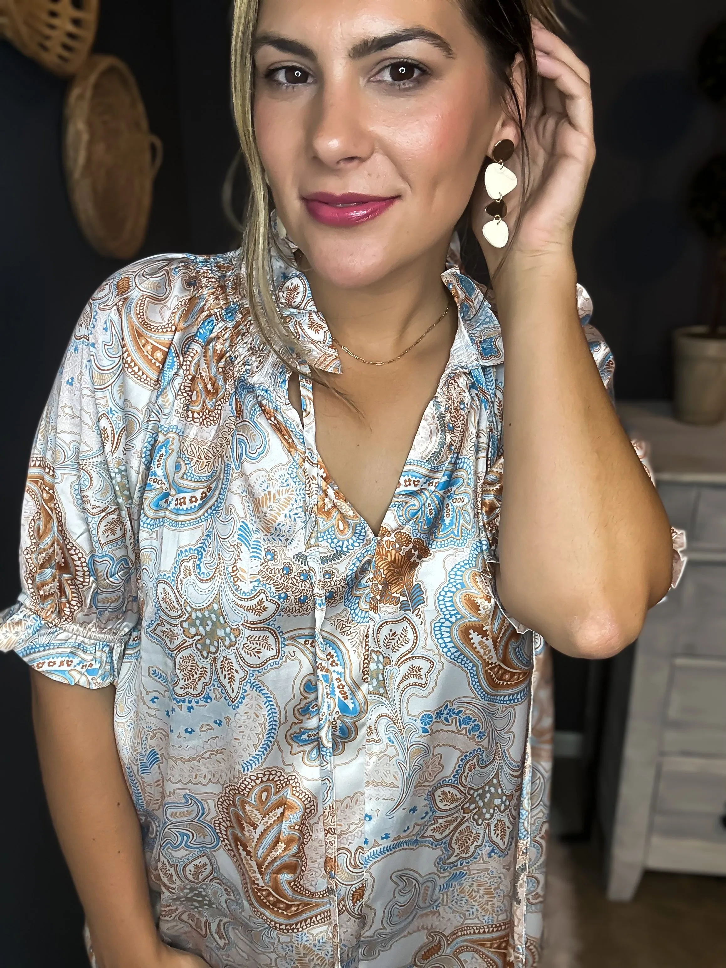 Sadie Printed Tie Neck Flounce Sleeve Top