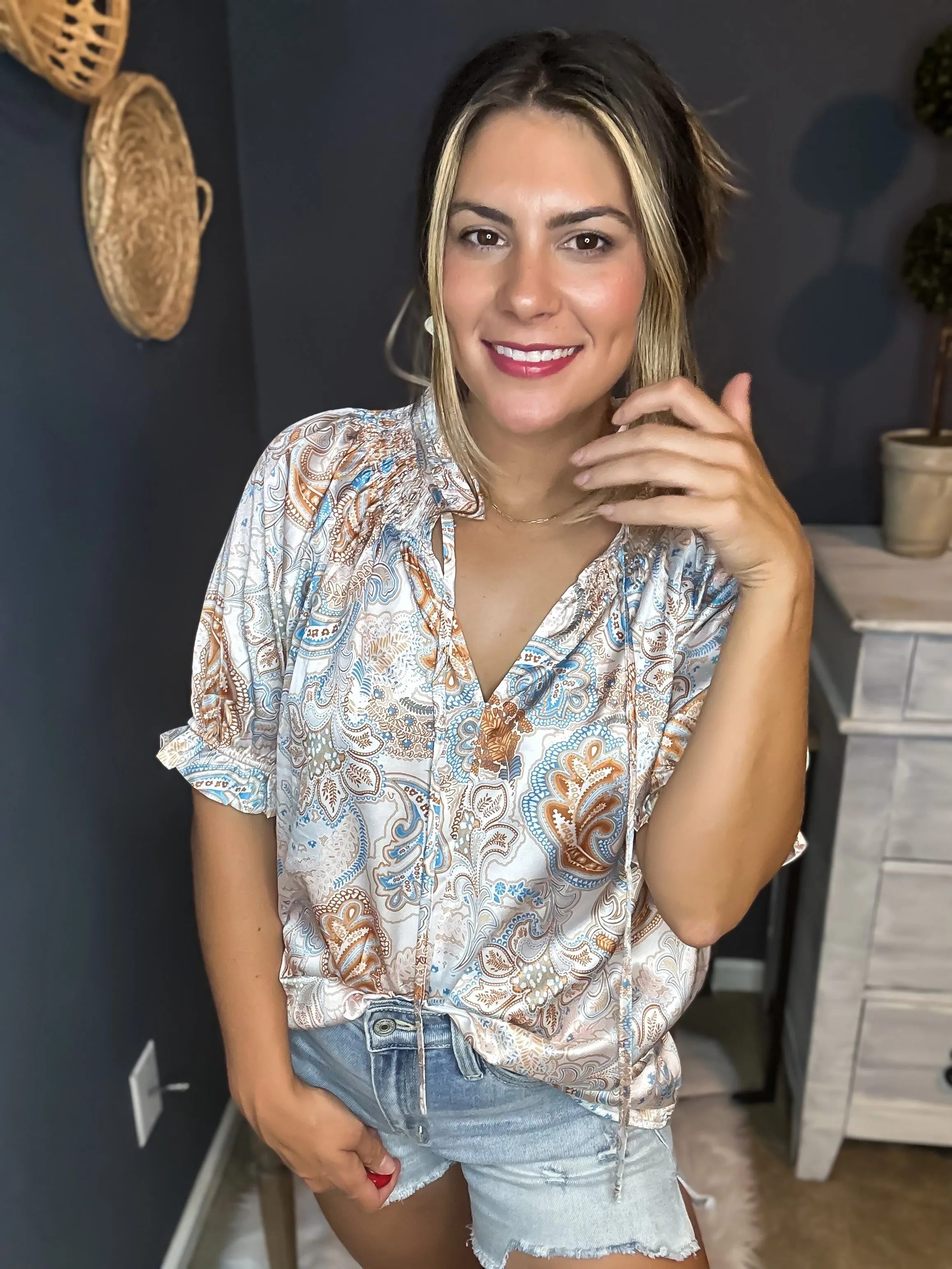Sadie Printed Tie Neck Flounce Sleeve Top
