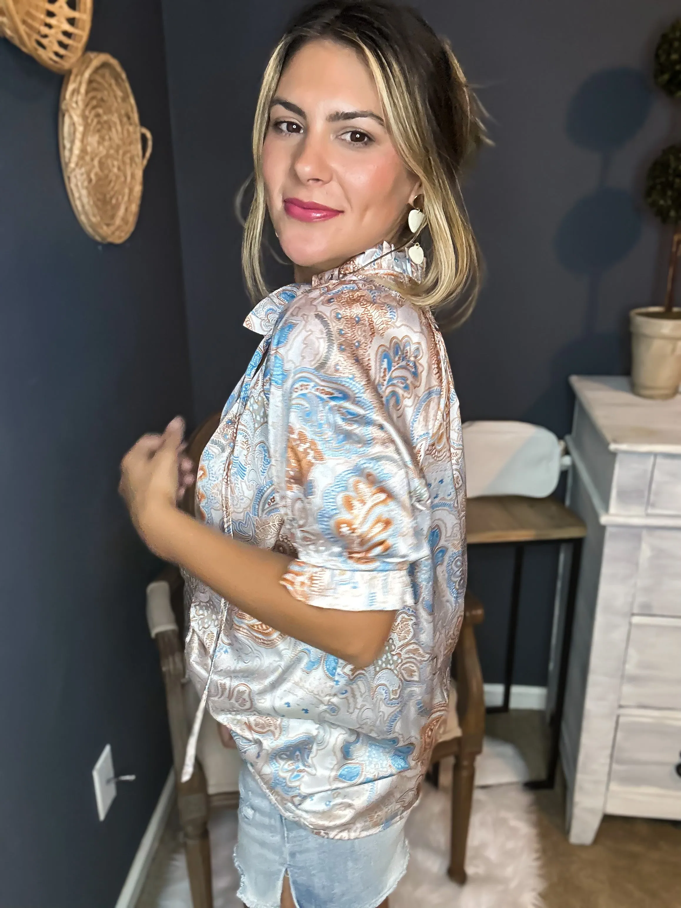 Sadie Printed Tie Neck Flounce Sleeve Top