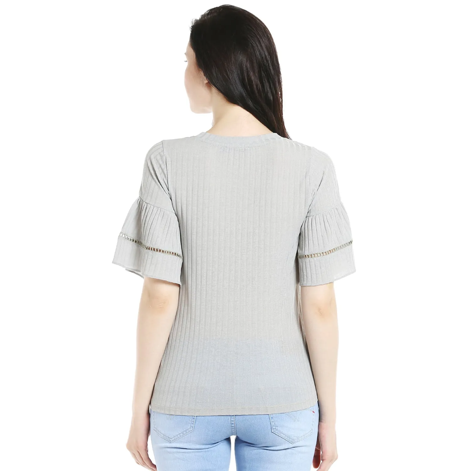 Sage Green Self Design Top With Flared Sleeves