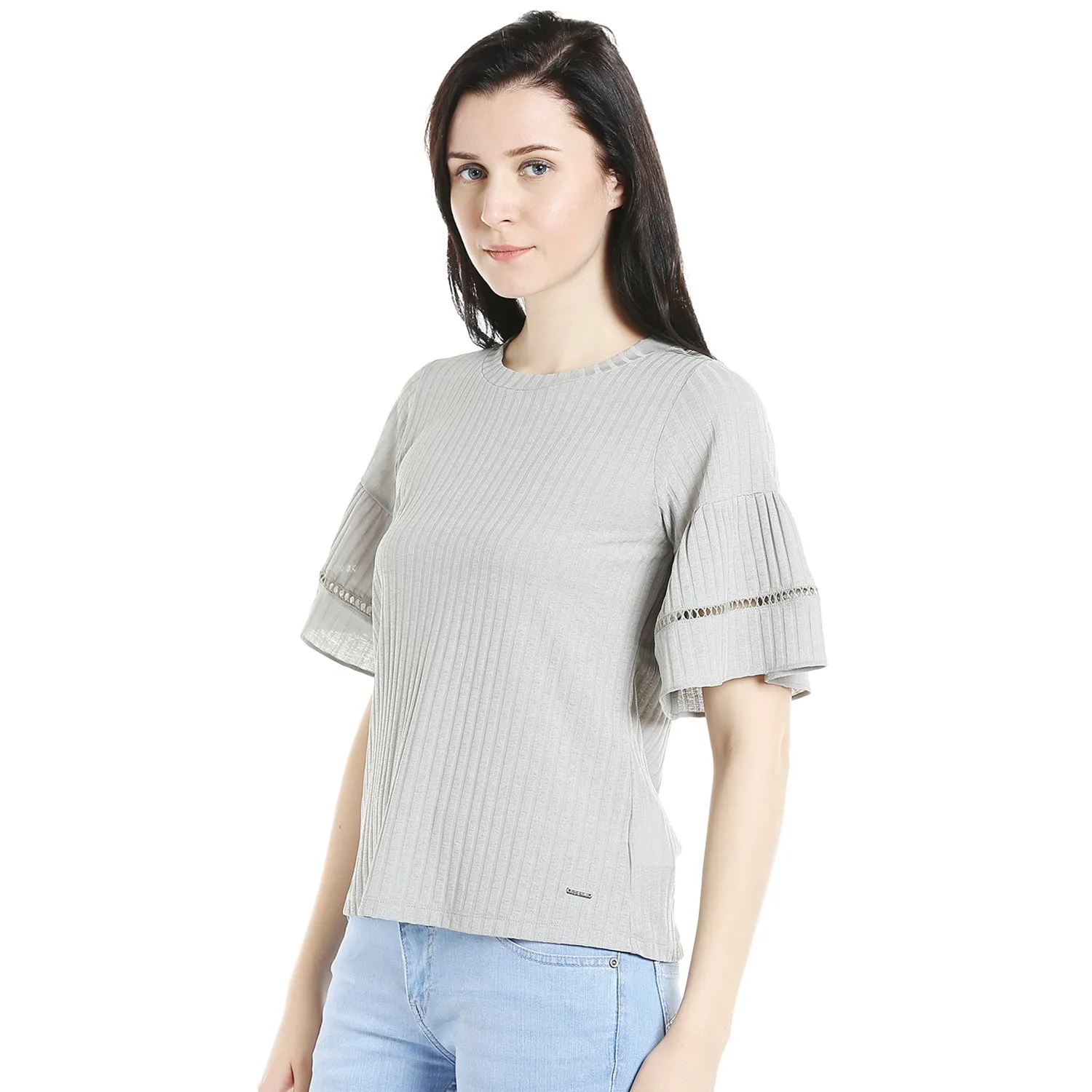 Sage Green Self Design Top With Flared Sleeves