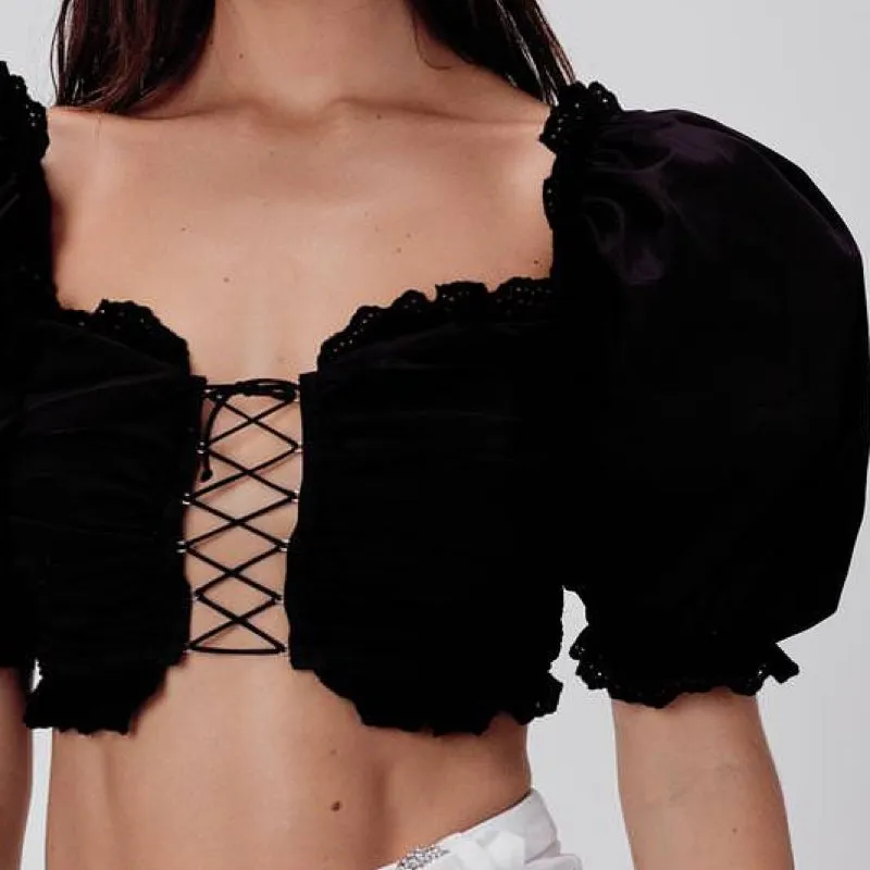 Sage Lace Up Crop Top Black - L (B)