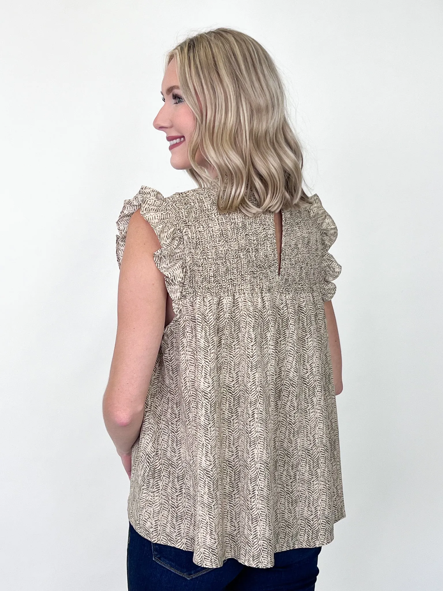 Sage - Printed Ruffle Sleeve Smocked Top