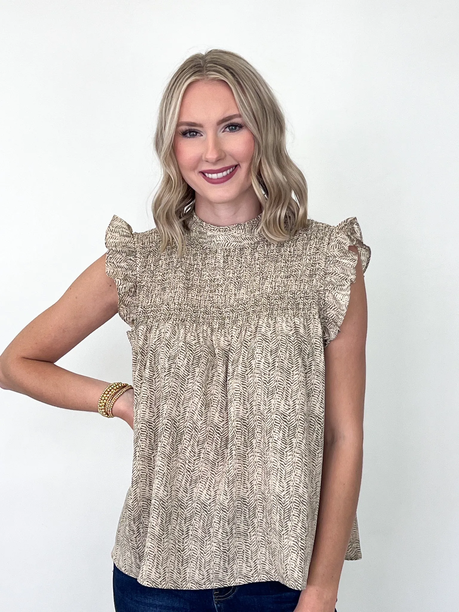 Sage - Printed Ruffle Sleeve Smocked Top