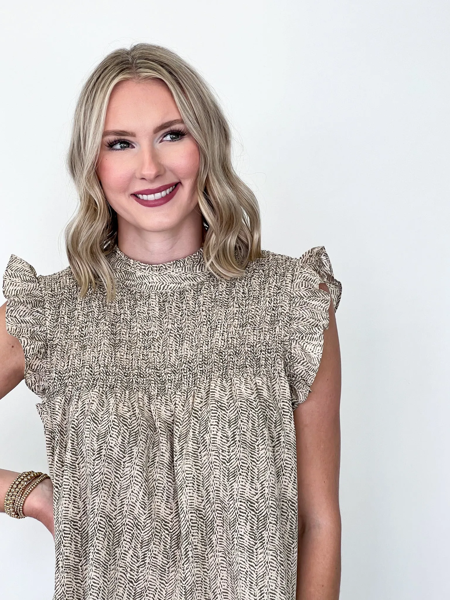 Sage - Printed Ruffle Sleeve Smocked Top