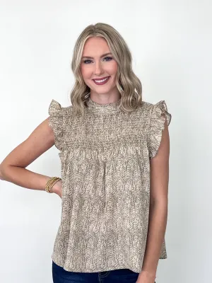 Sage - Printed Ruffle Sleeve Smocked Top