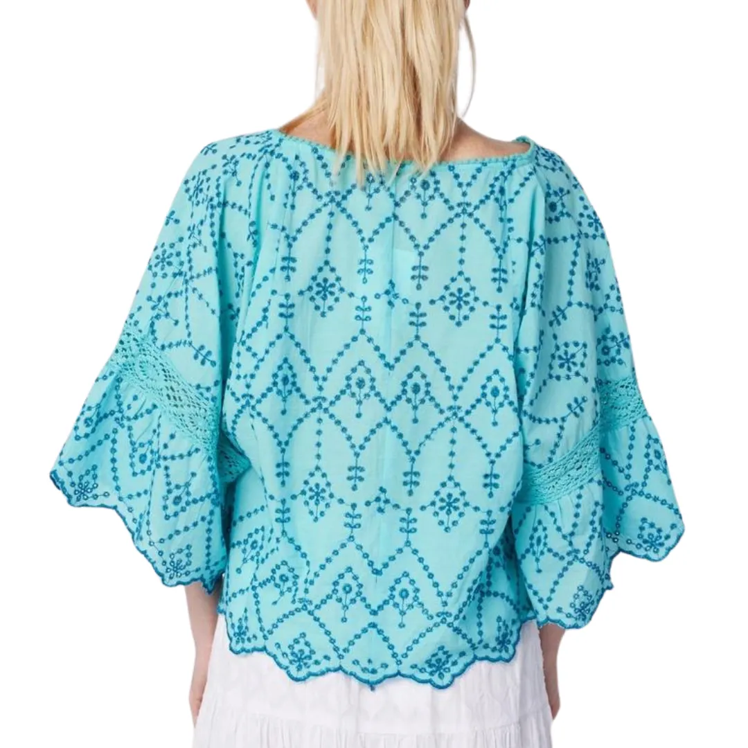 Sandra Blue Embroidered Eyelet Lace Blouse