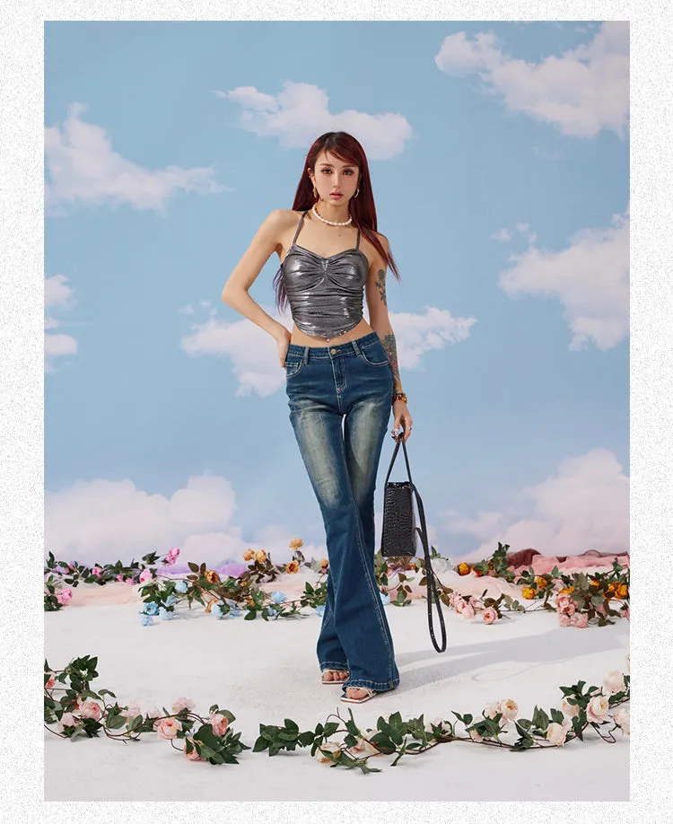 Sarah Solid Color Metallic Chest Pads Spaghetti Strap Pleated Slim Pleated Cropped Top