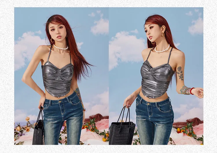 Sarah Solid Color Metallic Chest Pads Spaghetti Strap Pleated Slim Pleated Cropped Top