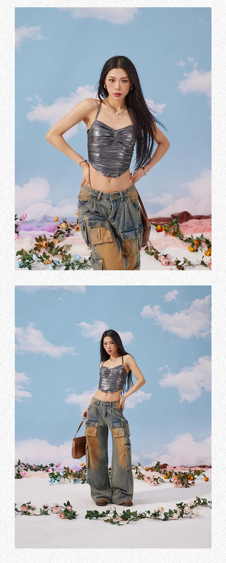 Sarah Solid Color Metallic Chest Pads Spaghetti Strap Pleated Slim Pleated Cropped Top