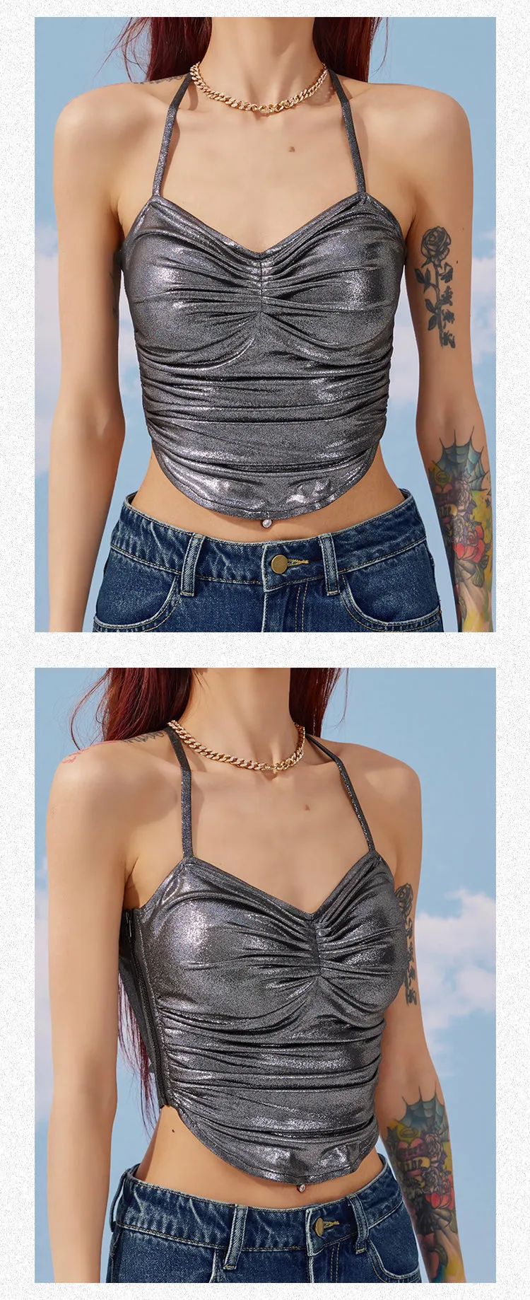 Sarah Solid Color Metallic Chest Pads Spaghetti Strap Pleated Slim Pleated Cropped Top