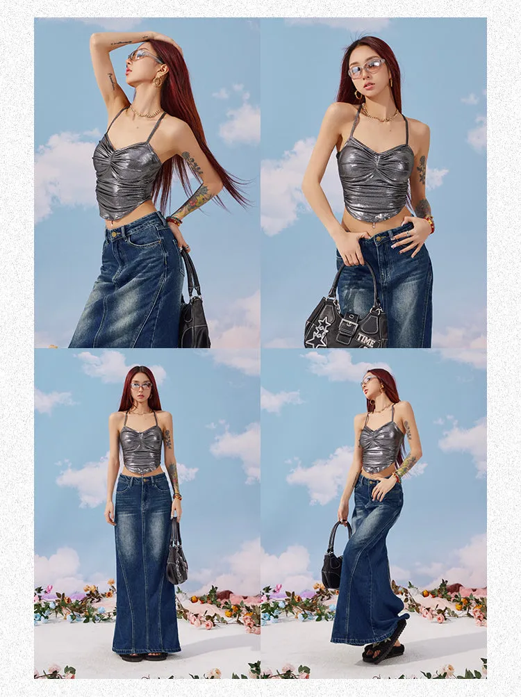 Sarah Solid Color Metallic Chest Pads Spaghetti Strap Pleated Slim Pleated Cropped Top
