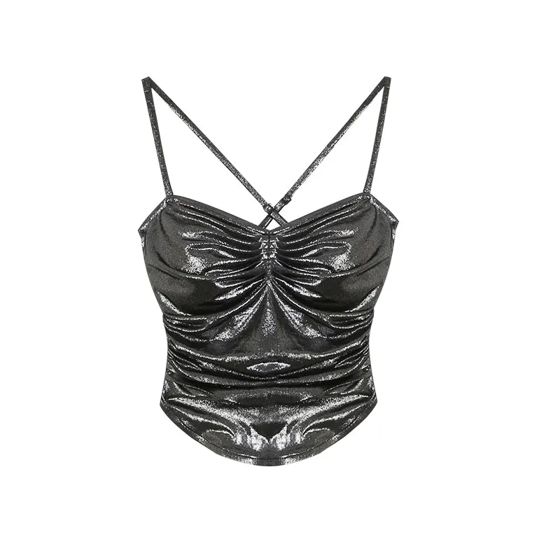 Sarah Solid Color Metallic Chest Pads Spaghetti Strap Pleated Slim Pleated Cropped Top