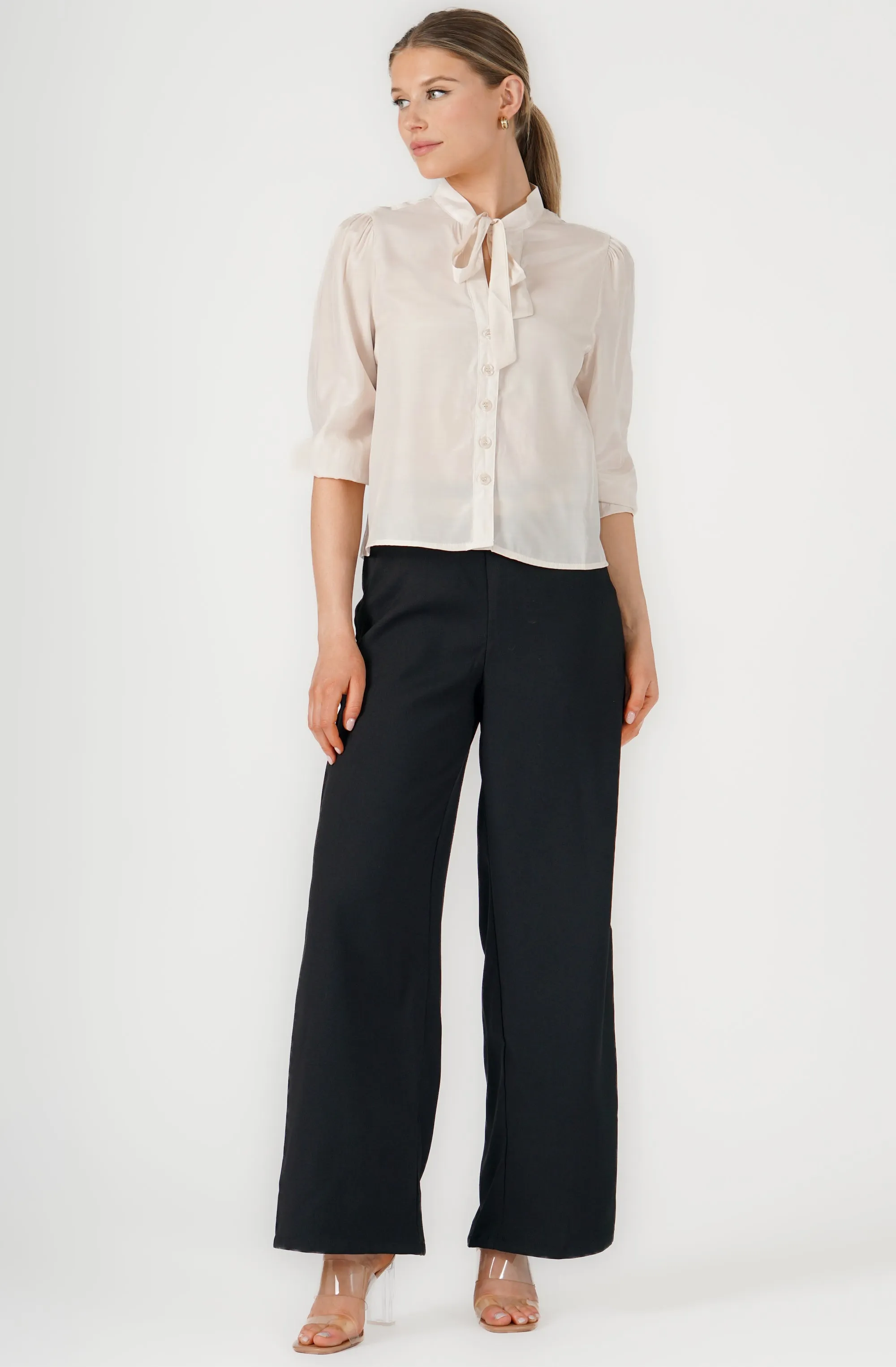 Satin Buttoned-Down blouse with Ribbon necktie