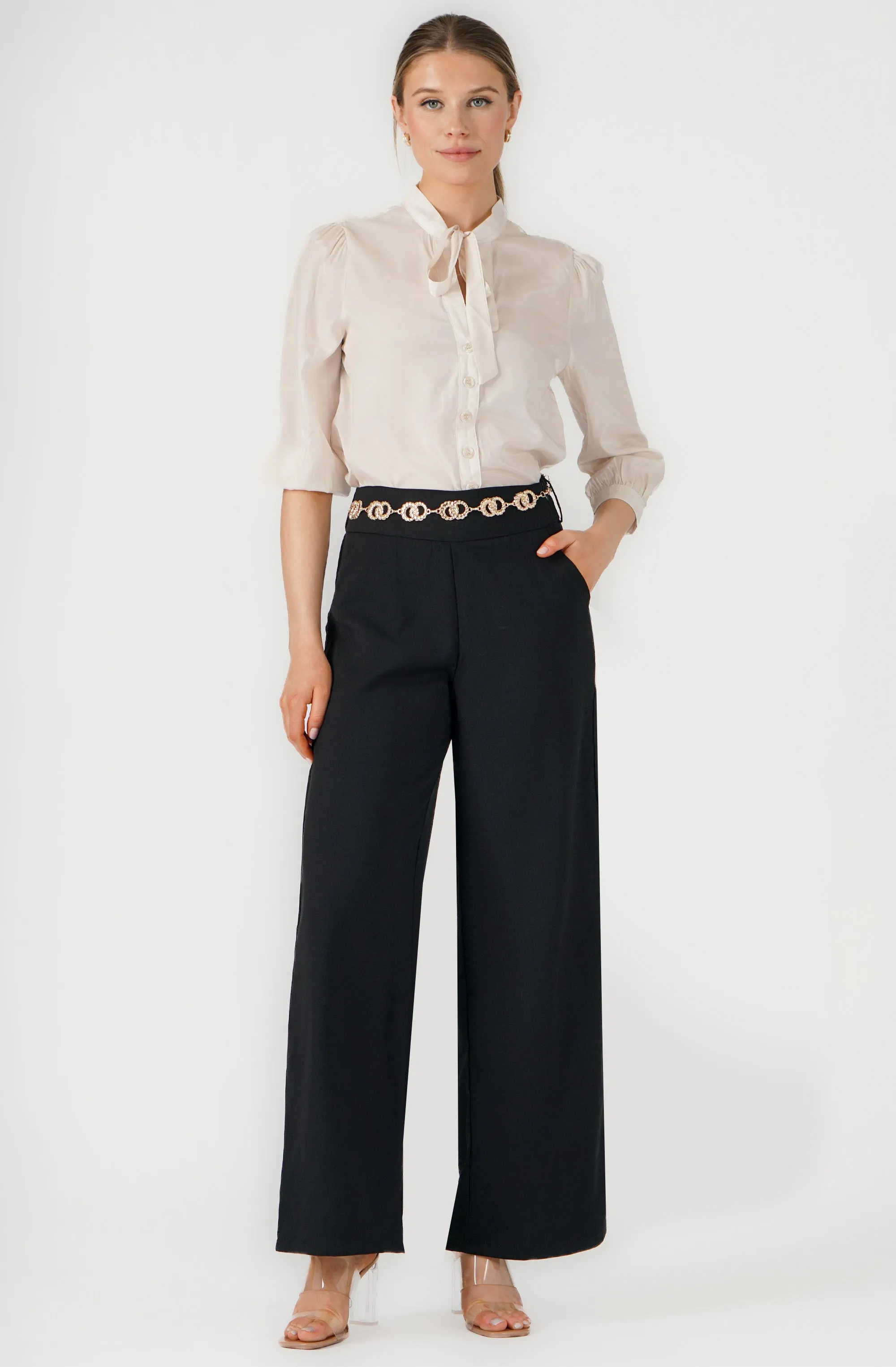 Satin Buttoned-Down blouse with Ribbon necktie