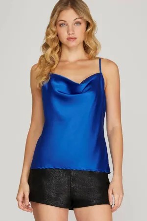 Satin Cowl Neck Cami Top - Royal Blue