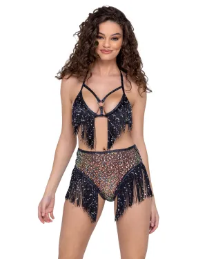 Sequin Fishnet Triangle Tie Top with Sequin Fringe Detail - Womens Top